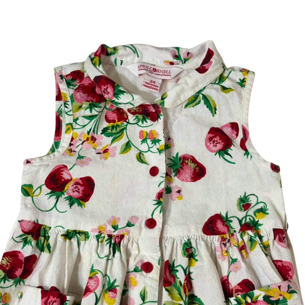 April Cornell Strawberry Porch Dress White Girls 3/4 Tie Sleeveless Summer Fruit - Picture 3 of 14